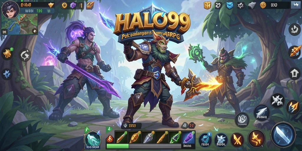 Screenshot HALO99 menampilkan pertarungan epik dalam gameplay ARPG.