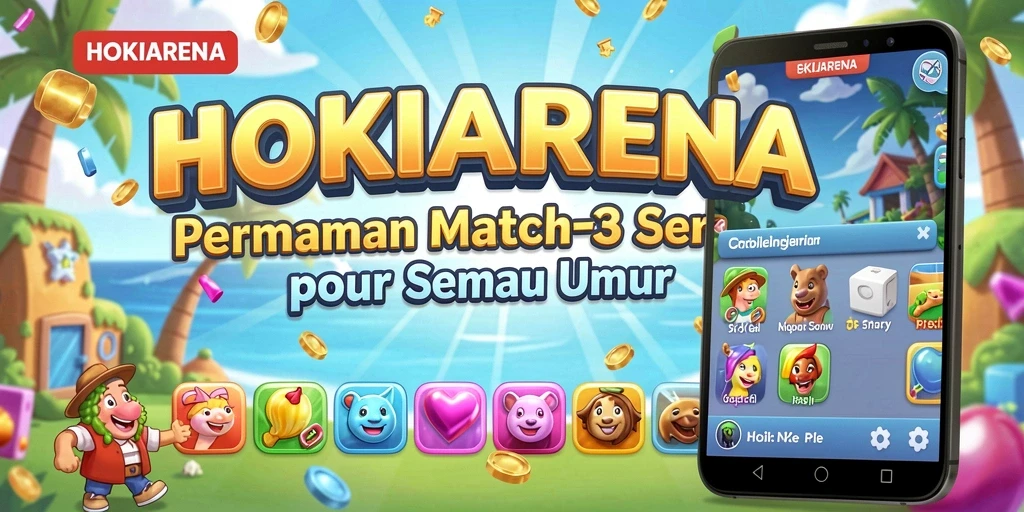 Screenshot HOKIARENA menampilkan gameplay Match-3 yang seru dan dinamis.