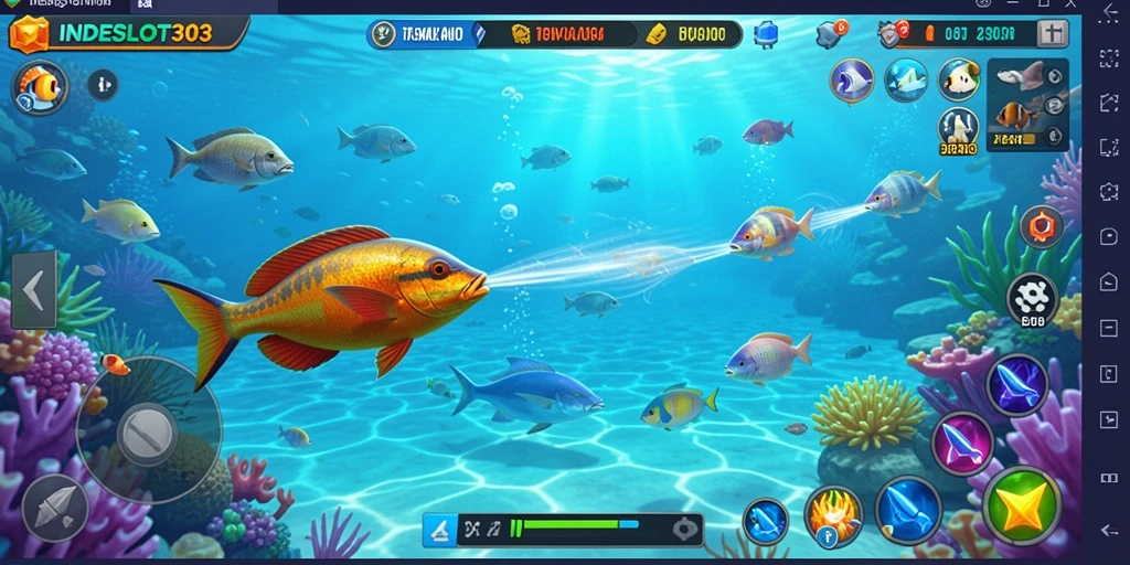 Tampilan gameplay menarik di INDESLOT303 dengan berbagai ikan dan senjata.