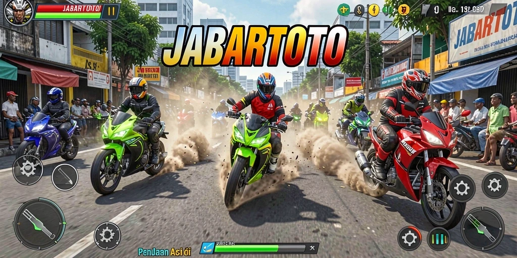 Tampilan gameplay <strong>JABARTOTO</strong> yang seru saat balapan motor.