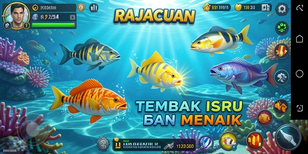 Tampilan gameplay seru dalam RAJACUAN saat menembak ikan di lautan.
