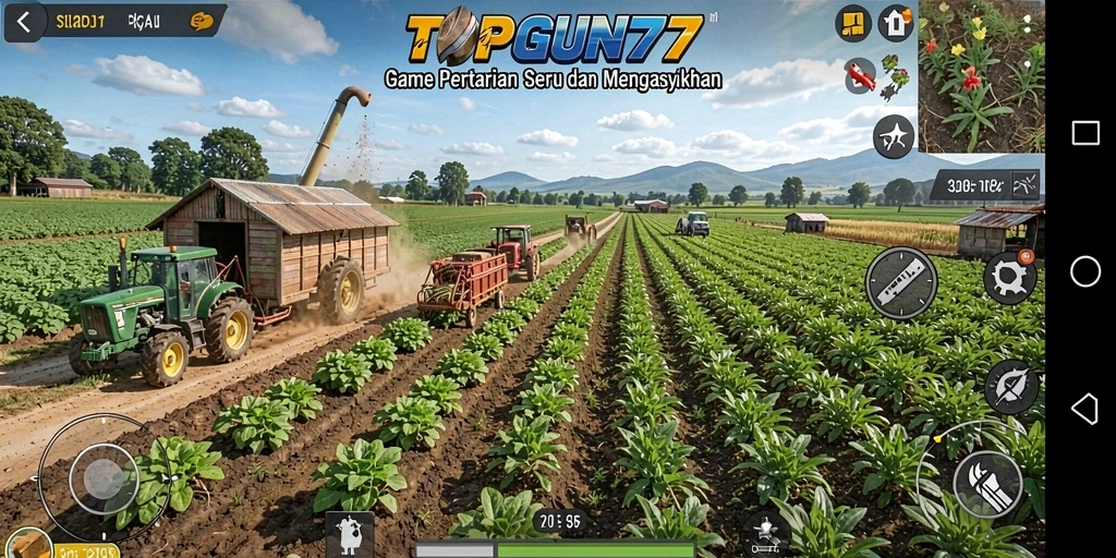 Screenshot gameplay TOPGUN77 menampilkan aktivitas bertani yang seru.